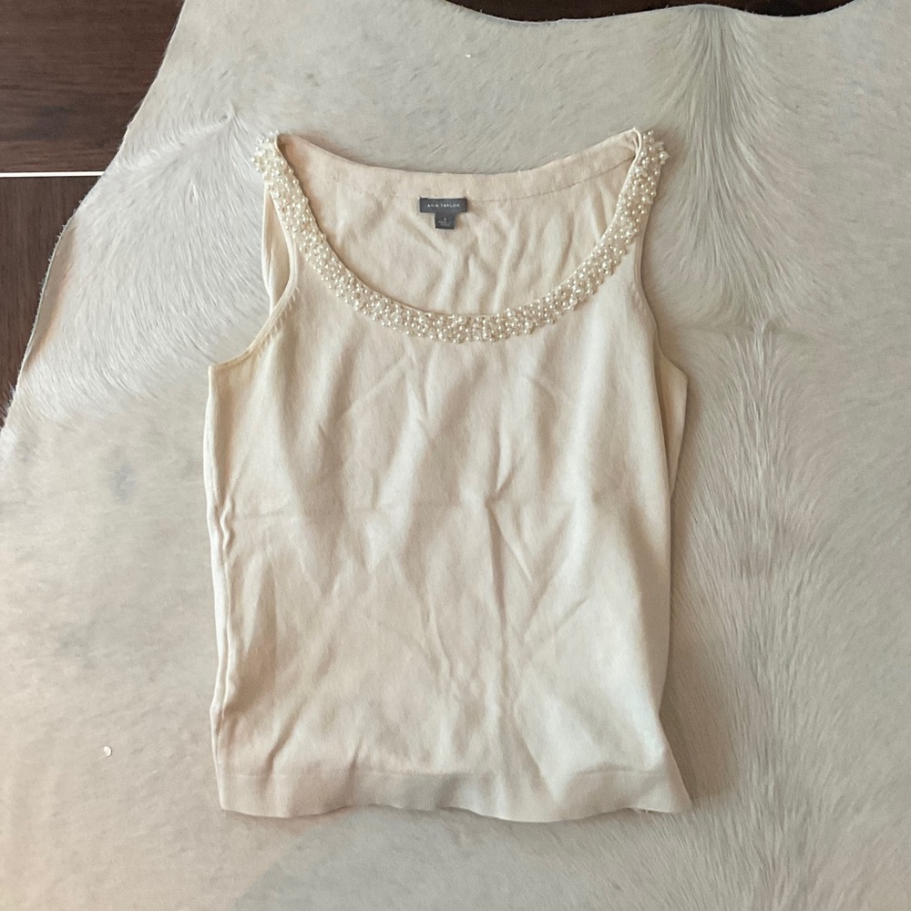Ann Taylor Cream Pearl-Trim Tank Top